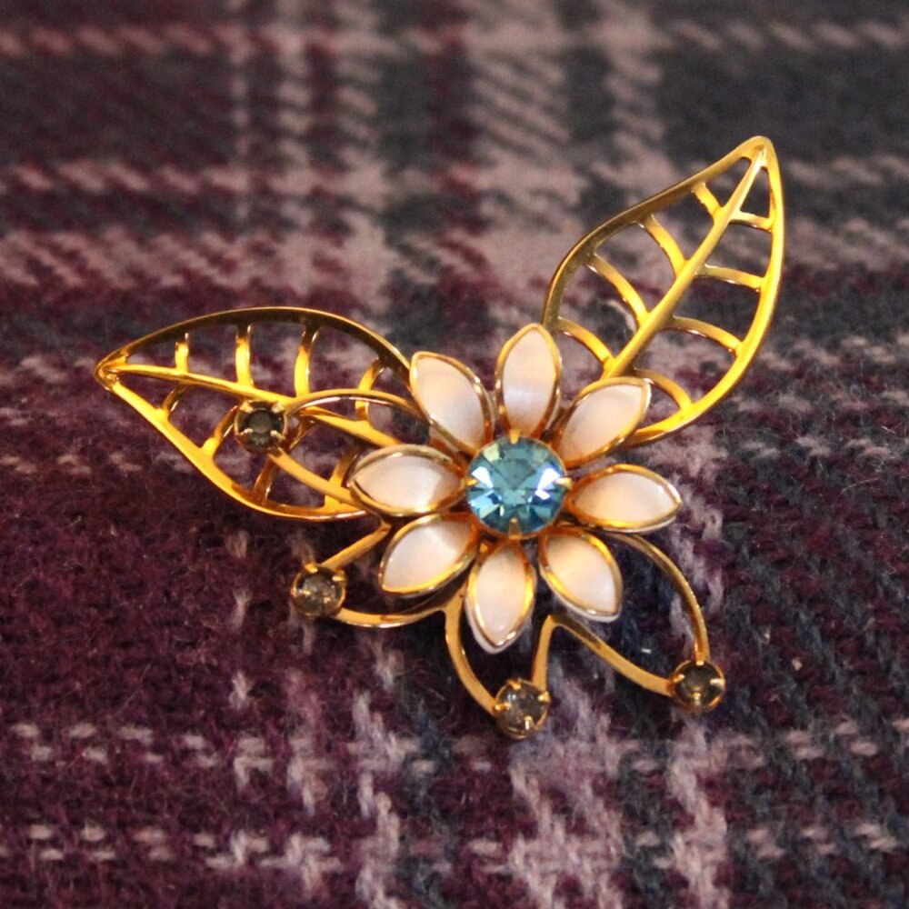 Vintage Enamel and Blue Rhinestone Flower Gold-tone Pin